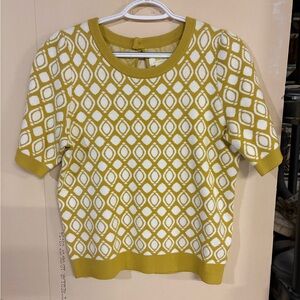 Anthropologie Maeve Mustard Yellow and White Geometric Short-Sleeve Knit Top